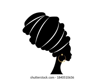 portrait beautiful African woman in traditional turban, black women vector silhouette logo design hairstyle concept, vector illustration isolated on white background 