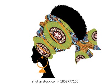 portrait beautiful African woman in traditional turban handmade tribal motif, Kente head wrap African with ethnic earrings, black women Afro curly hair, vector silhouette isolated on white background