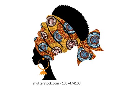 portrait beautiful African woman in traditional turban handmade tribal motif, Kente head wrap African with ethnic earrings, black women Afro curly hair, vector silhouette isolated on white background 