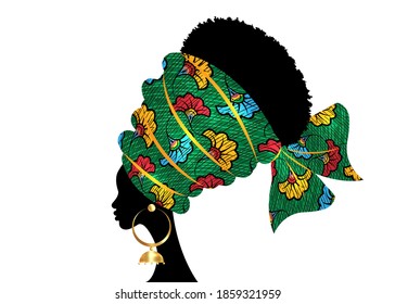 portrait beautiful African woman in traditional turban handmade tribal motif wedding flowers, Kente head wrap African with ethnic earrings, black women Afro curly hair, vector silhouette isolated 