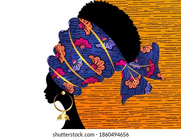 portrait beautiful African woman in traditional turban handmade tribal motif wedding flowers, Kente head wrap African with ethnic gold earrings, black women Afro curly hair, vector template brochure