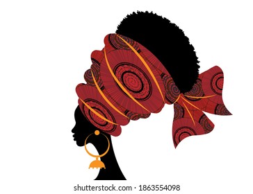 portrait beautiful African woman in traditional turban handmade tribal motif, Kente head wrap African with ethnic earrings, black women Afro curly hair, vector silhouette isolated on white background
