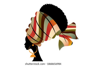 portrait beautiful African woman in traditional turban handmade strips motif, Kente head wrap African with ethnic earrings, black women Afro curly hair, vector silhouette isolated on white background 