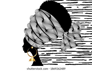 portrait beautiful African woman in traditional turban handmade tribal motif, Kente head wrap African with gold earrings, black women Afro curly hair, vector silhouette isolated on white background