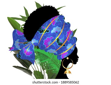 portrait beautiful African woman in traditional turban tribal motif wedding flowers, Kente head wrap African with ethnic earrings, black women Afro curly hair vector isolated on white and palm leaves