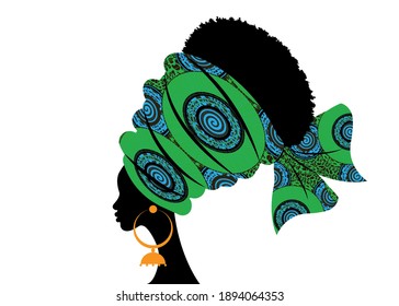 portrait beautiful African woman in traditional turban handmade tribal motif, Kente head wrap African with ethnic earrings, black women Afro curly hair, vector silhouette isolated on white background