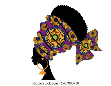 portrait beautiful African woman in traditional turban handmade tribal motif, Kente head wrap African with ethnic earrings, black women Afro curly hair, vector silhouette isolated on white background