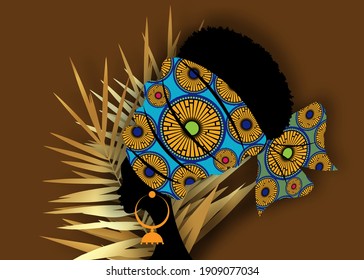 portrait beautiful African woman in traditional turban tribal motif wedding flowers, Kente head wrap African with ethnic earrings, black women Afro curly hair vector isolated on golden palm leaves