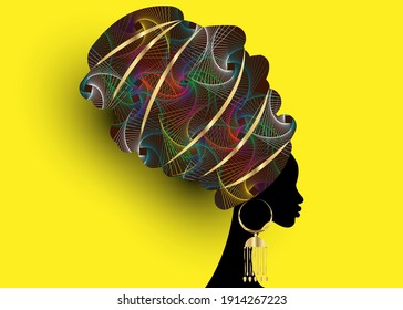 portrait beautiful African woman in traditional turban handmade tribal motif, Kente head wrap African with gold ethnic earrings, black Afro women, vector silhouette isolated on yellow background