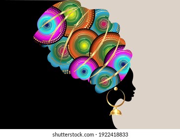 portrait beautiful African woman in traditional turban, Kente head wrap African, Traditional dashiki printing, black women vector silhouette isolated with traditional gold earrings, template brochure