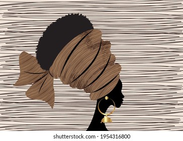 portrait beautiful African woman in traditional turban handmade tribal motif, Kente head wrap African with ethnic earrings, black women Afro curly hair, vector silhouette isolated on stripe background