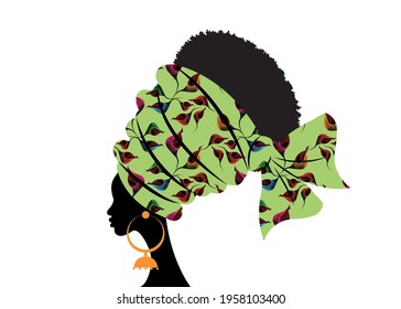 portrait beautiful African woman in traditional turban handmade tribal motif wedding flowers, Kente head wrap African with ethnic earrings, black women Afro curly hair, vector silhouette isolated 