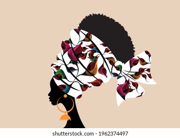 portrait beautiful African woman in traditional turban handmade tribal motif wedding flowers, Kente head wrap African with ethnic earrings, black women Afro curly hair, vector silhouette isolated 