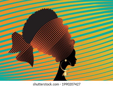 portrait beautiful African woman in traditional turban handmade tribal motif, Kente head wrap African with ethnic earrings,vector silhouette isolated on orange background