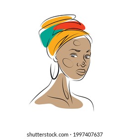 Portrait of a beautiful African woman in a traditional headdress. Outline vector drawing. Isolated on white.