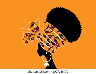 portrait beautiful African woman in traditional turban handmade tribal motif wedding flowers, Kente head wrap African with ethnic earrings, black women Afro curly hair, vector silhouette isolated 