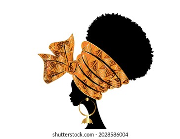 portrait beautiful African woman in traditional wax turban handmade wedding tribal motif, Kente head wrap African with gold ethnic earrings, black women Afro curly hair, vector silhouette isolated 