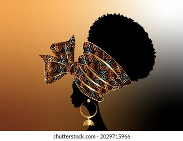 portrait beautiful African woman in traditional wax turban handmade wedding tribal motif, Kente head wrap African with gold ethnic earrings, black women Afro curly hair, vector silhouette isolated 