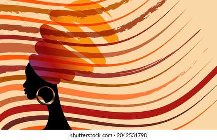 portrait beautiful African woman in traditional turban, Afro head wrap, African banner, Print fabric, Ethnic handmade ornament, tribal striped motifs background