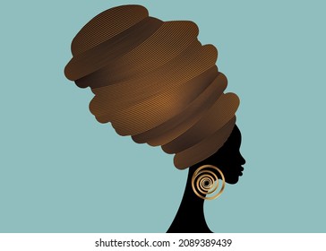 portrait beautiful African woman in traditional turban handmade tribal African Kente head wrap with ethnic gold earrings, black women Afro curly hair, vector silhouette isolated on blue background 