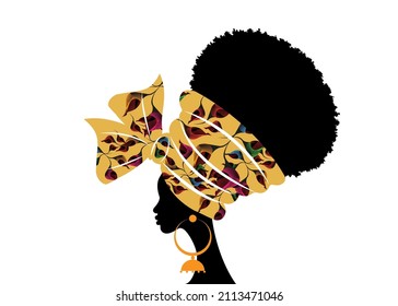 portrait beautiful African woman in traditional turban handmade tribal motif wedding flowers, Kente head wrap African with ethnic earrings, black women Afro curly hair, vector silhouette isolated 