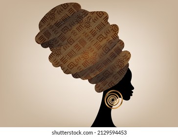 Portrait Beautiful African Woman In Traditional Turban Handmade Tribal African Kente Head Wrap With Ethnic Gold Earrings, Black Women Afro Curly Hair, Vector Silhouette Isolated On Vintage Background 