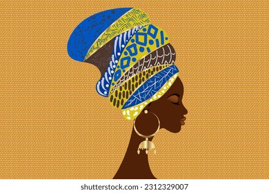 retrato de hermosa mujer africana con motivos tribales tradicionales turbantes, envoltura de cabeza de Kente, silueta vectorial africana tradicional de mujeres negras aislada con pendientes de oro, concepto de belleza de estilo de peinado de moda