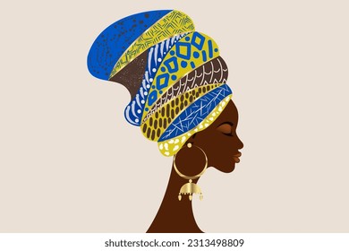 portrait beautiful African woman in traditional turban tribal motifs, Kente head wrap, African Traditional black women vector silhouette isolated with gold earrings, fashion hairstyle beauty concept