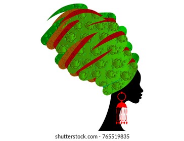 portrait beautiful African woman in traditional turban, Kente head wrap African, Traditional dashiki printing, black women vector silhouette isolated with traditional earrings,  hairstyle concept