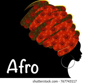 portrait beautiful African woman in traditional turban, Kente head wrap African, Traditional dashiki printing, black women vector silhouette isolated with traditional earrings, hairstyle concept