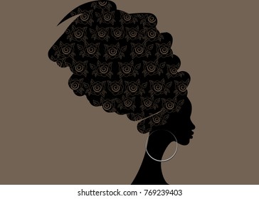 retrato de hermosa mujer africana en el turbante tradicional, envoltura de cabeza Kente africana, impresión tradicional dashiki, silueta vectorial de mujeres negras aislada con pendientes tradicionales, concepto de peinado