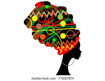 portrait beautiful African woman in traditional turban, Kente head wrap African, Traditional dashiki printing, black women vector silhouette isolated with traditional earrings, hairstyle concept