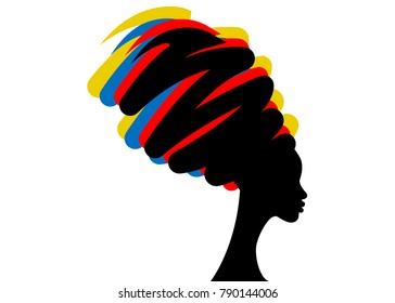 portrait beautiful African woman in traditional turban, women vector silhouette isolated , hairstyle concept