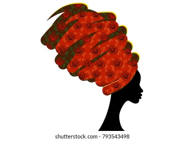 portrait beautiful African woman in traditional turban, Kente head wrap African, Traditional dashiki printing, black women vector silhouette isolated