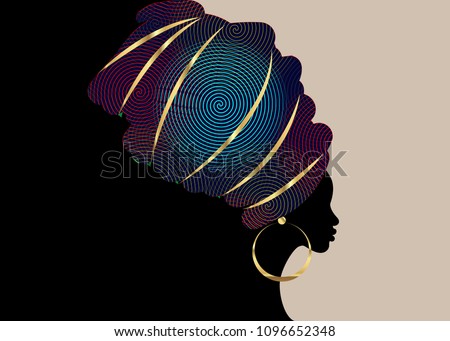 portrait beautiful African woman in traditional turban, Kente head wrap African, Traditional dashiki printing, black women vector silhouette isolated with traditional gold earrings, template brochure