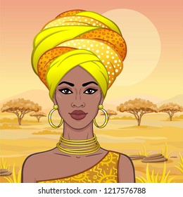 Portrait of the beautiful African woman  in a turban. Savanna princess, Amazon, nomad. Background - a landscape the desert.  Vector illustration.