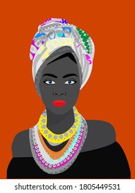 Portrait Of Beautiful African Woman In Turban  (profile View) Vector Graphic Fashion Illustration