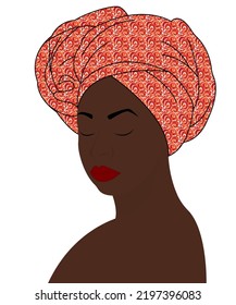 Portrait of a beautiful African woman in a turban. African woman with a bright scarf on her head. Kenyan woman with colorful scarf. Vector design for banner, flyer
