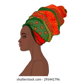 Portrait of beautiful African woman in turban (profile view)