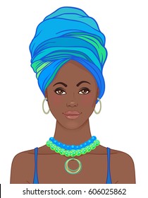 Portrait of beautiful African woman in turban. Tribal style fashion. Native Africa inspired. 