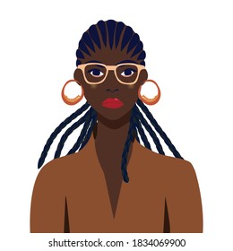 Portrait of a beautiful African woman wearing glasses. Female portrait. Black beauty concept. Nations and Races. American student. Vector flat illustration. Great for avatars.