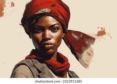 Retrato de una hermosa trabajadora africana con un pañuelo en la cabeza, cartel del mes de la historia negra, día de la mujer, 19 de junio, Día de los Afrodescendientes, vidas negras importan o día del trabajo