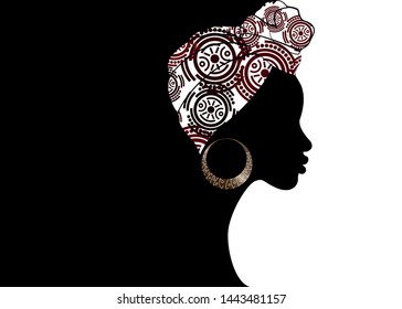 Portrait Beautiful Afro Woman. Shenbolen Ankara Headwrap Women African Traditional Headtie Scarf Turban.  Kente Head Wraps African Tribal Fabric Design. Vector Icon Logo Template Brochure Background 