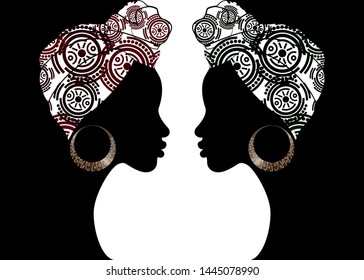 Portrait Beautiful Afro Woman. Shenbolen Ankara Headwrap Women African Traditional Headtie Scarf Turban.  Kente Head Wraps African Tribal Batik Fabric Design. Vector Women Diversity Concept Background