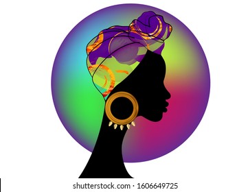 Portrait Beautiful Afro Woman. Shenbolen Ankara Headwrap Women African Traditional Headtie Scarf Turban. Colorful Kente Head Wraps African Fabric Design Abstract Texture. Vector Icon Logo Isolated