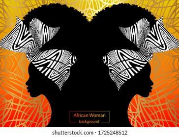 portrait beautiful Afro woman. Shenbolen Ankara Headwrap Women African Traditional Headtie Scarf Turban. Kente head wraps African tribal batik fabric design. Vector Africa Safari concept background