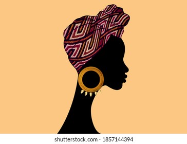 portrait beautiful Afro woman. Shenbolen Ankara Headwrap Women African Traditional Headtie Scarf Turban.  Kente head wraps African tribal fabric design. Vector icon logo template brochure background