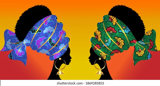 portrait beautiful Afro woman. Shenbolen wedding flower Headwrap Women African Traditional Ankara Turban. Kente head wraps African tribal batik fabric design. Vector Africa batik concept background