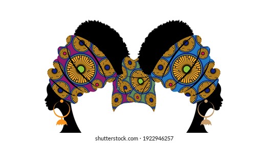 portrait beautiful Afro woman. Shenbolen wedding flower Headwrap Women African Traditional Ankara Turban. Kente head wraps African tribal batik fabric design. Vector Africa batik background isolated