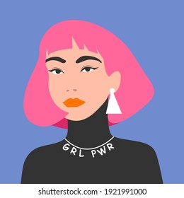 Portrait of beautiful Asian teenage girl with pink hair and the necklace with inscription girl power. International women’s day. 8th march. Women empowerment movement. Eps 10